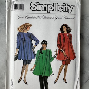 May include: Simplicity pattern 8757. The image shows illustrations of three women in different coloured tunics and skirts. The pattern includes the text "Great Expectations" and "Attendant le Grand Evenement". Size 14, EUR 42.