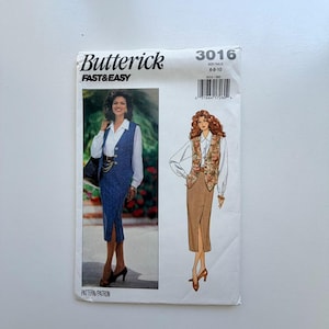 May include: A Butterick Fast & Easy sewing pattern, featuring illustrations of a woman in a blue vest and skirt suit and another in a floral vest and brown skirt. The pattern number is 3016, with sizes 6-8-10.