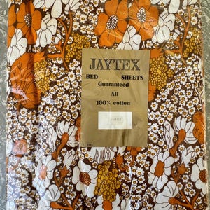 1970s Vintage Jaytex Floral Sheet – Orange White Brown Flowers-  Single/Twin bed– 150×250cm (59×98.5”) – NOS Sealed