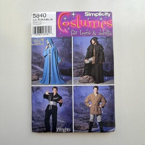 May include: Simplicity costume pattern with four costume designs for teens and adults. The pattern includes a blue hooded robe, a black hooded cloak, a black martial arts outfit, and a tan robe with a belt.