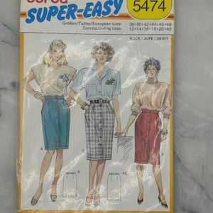 May include: A vintage Burda Super-Easy sewing pattern, number 5474, with illustrations of three skirt designs. The pattern includes European sizes 38-48, with corresponding UK sizes 12-20. The package has the text "ROCK / JUPE / SKIRT".