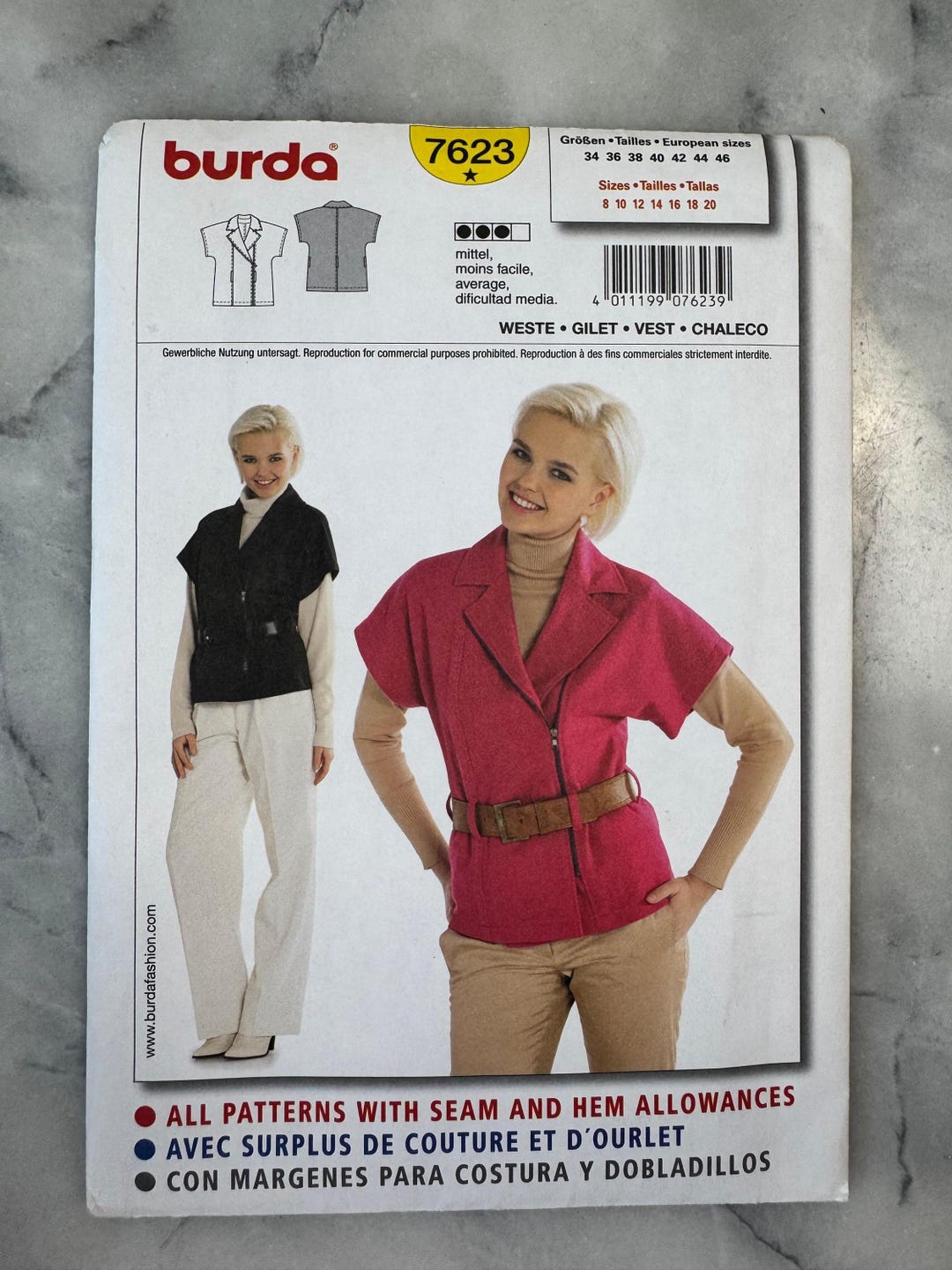 2009 Burda Sewing Pattern 7623 – Misses’ Semi-fitted Zip-up Vest With ...