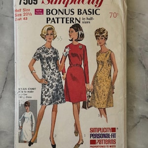 May include: Vintage Simplicity sewing pattern envelope. The cover shows illustrations of three women in dresses, with the text "BONUS BASIC PATTERN" and "PERSONAL-FIT PATTERNS". The envelope is marked with "7509" and "Half Size".