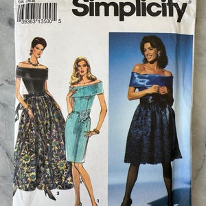 May include: Simplicity pattern 8180, featuring illustrations of off-the-shoulder dresses. The pattern includes sizes U (16-20) and EUR (44-48). The cover displays three dress designs, showcasing various styles and lengths.