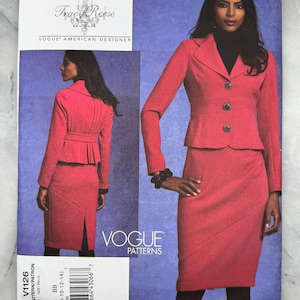 May include: Vogue American Designer Tracy Reese pattern V1126. The pattern features a red skirt suit with a fitted jacket and a knee-length skirt. The jacket has a notched collar and three buttons. The pattern includes sizes 8-14.