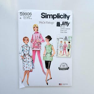 May include: A Simplicity S9906 1960s Vintage Jiffy sewing pattern envelope featuring illustrations of three outfits with floral and striped designs. A smaller Simplicity 5763 Jiffy Apron pattern insert is placed on the right side of the main envelope.
