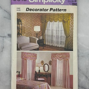 May include: A vintage Simplicity sewing pattern envelope featuring a "Decorator Pattern." The cover displays images of window treatments and a bedroom scene. The envelope is white with purple text and the number "6010."