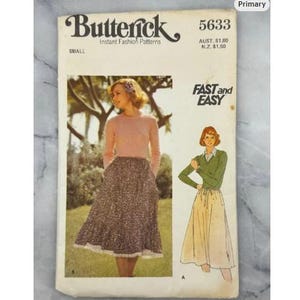 May include: Vintage Butterick sewing pattern 5633. The cover features a woman in a pink top and floral skirt, and a drawing of a woman in a green top and yellow skirt. The text "FAST and EASY" is displayed on the cover. The pattern is labeled "SMALL".