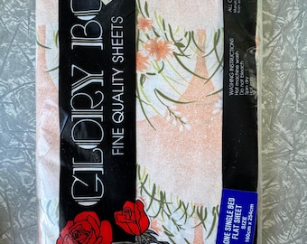 1980s Vintage Glory Box Single Flat Sheet – Floral Peach & Green – 160 x 254 cm (63 x 100 in) –  Made in Australia - In Original Packaging