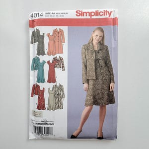 May include: A Simplicity 4014 sewing pattern envelope featuring illustrations of various jacket and dress designs in multiple colors and patterns. The front displays a model wearing a brown and black tweed-style jacket and matching skirt.