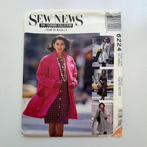 May include: A vintage sewing pattern titled "Sew News" featuring a woman in a pink coat and dress. The pattern includes multiple coat designs and is size EX-SMALL (6,8).