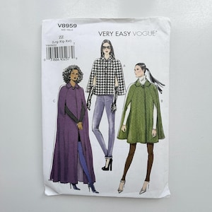May include: A Very Easy Vogue sewing pattern envelope V8959 for sizes Lrg-Xlg-Xxl. The front features illustrations of three different cape styles: a long purple cape, a black and white houndstooth cape, and a shorter olive green cape.
