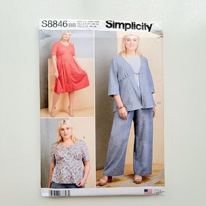 May include: Simplicity sewing pattern S8846 for sizes 20W-28W. The envelope displays three garment variations: a coral red knee-length dress, a blue floral print blouse, and a blue jacket with matching wide-leg trousers. Text includes S8846 BB.