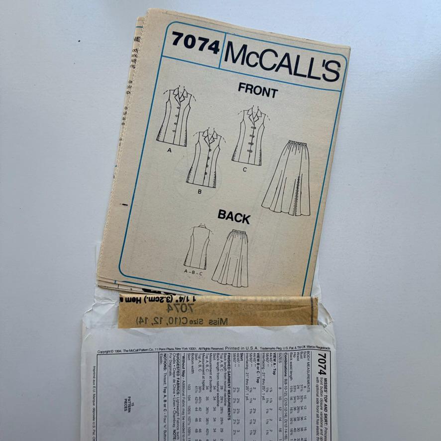 1994 Mccall’s 7074 Sewing Pattern – Misses’ Top and Skirt (sizes 10–12 ...