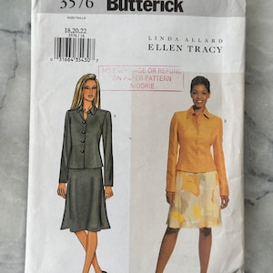 Könnte beinhalten: Ein Butterick-Schnittmusterumschlag mit Illustrationen von Damenanzügen. Der Umschlag enthält den Text "3576 Butterick" und "LINDA ALLARD ELLEN TRACY". Die Größe ist 18, 20 und 22.