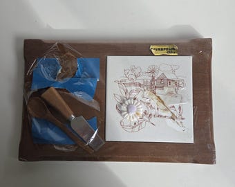 Vintage Cheese Board Serving Set – 34 x 22 cm (13.4 x 8.7 in)  Ceramic Tile with Knife & Spoon - Made in the Philippines