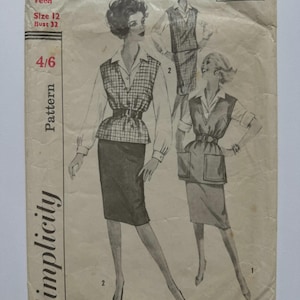 May include: Vintage Simplicity sewing pattern for a teen outfit, featuring a skirt, vest, and blouse. The pattern includes illustrations of the outfit and text indicating size 12, bust 81 cm. The pattern is printed on aged paper.