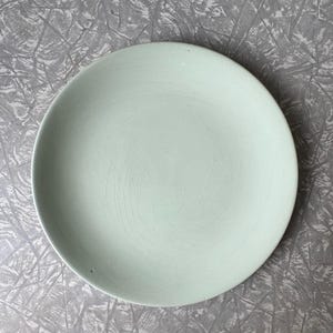 May include: A circular, pale green ceramic plate. The plate has a smooth surface and a slightly raised edge. The plate is a simple, minimalist design, suitable for serving food. The plate is likely handmade.