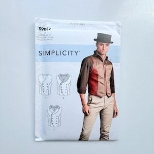 May include: A Simplicity S9087 costume sewing pattern envelope featuring a model wearing a brown shirt, beige trousers, a top hat, and a red and tan plaid double-breasted vest. The package displays three vest variations labelled A, B, and C.