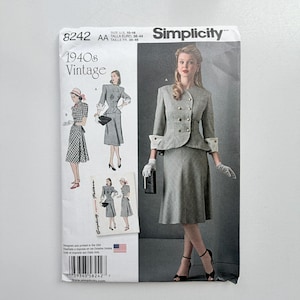 May include: A Simplicity 8242 sewing pattern envelope for a 1940s style two-piece suit. The cover features illustrations and a photograph of a grey plaid jacket with double-breasted buttons and contrasting cuffs, paired with a matching skirt.