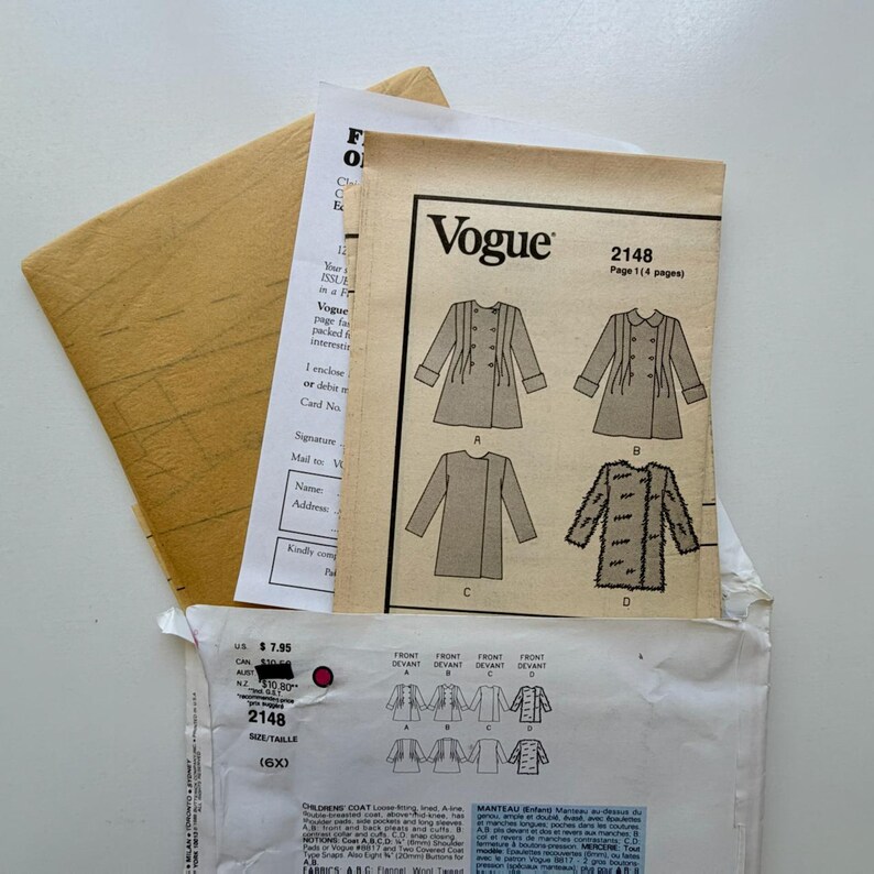 1988 Little Vogue 2148 Sewing Pattern – Children’s Coat (size 6X ...