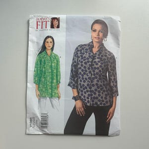 May include: A sewing pattern labelled "Today's Fit" by Sandra Betzina. The pattern shows illustrations of button-down shirts with various designs. The pattern number is V1385, and the size is OSZ.