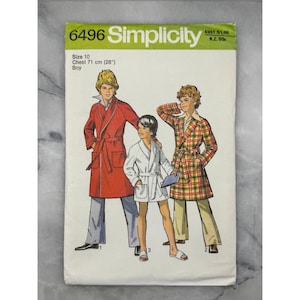 May include: Simplicity pattern 6496 for boys' robes. The pattern shows three illustrations of boys wearing different robes. The pattern size is 10, with a chest measurement of 71 cm. The pattern is marked AUST. $1.00.