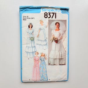 May include: Vintage Simplicity sewing pattern 8371 for Misses' wedding dresses. The blue and white pattern envelope features illustrations of several wedding dress designs, including a size 16 with a 97cm bust.