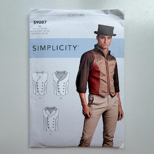 May include: Simplicity costume pattern S9087 AA. The pattern includes diagrams of vests. The image shows a man wearing a vest, brown shirt, and tan trousers. The pattern size is US 38-44.