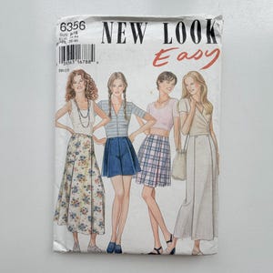 May include: A New Look Easy sewing pattern envelope 6356 featuring illustrations of four outfits: a floral maxi skirt with a tank top, a blue button-front skirt with a plaid top, a plaid knee-length skirt with a crop top, and a long wrap skirt.