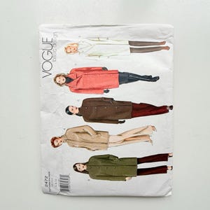 May include: A Vogue Basic Design sewing pattern envelope labeled 2472, sizes 6-8-10. The front displays five illustrations of coats in white, red, brown, beige, and olive green, each paired with trousers, showcasing various collar and button styles.