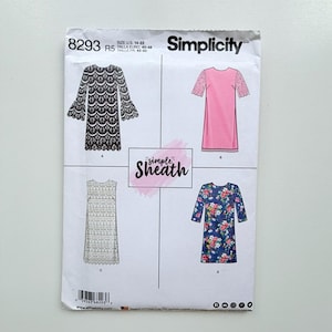 Può includere: Modello di cucito Simplicity 8293 R5, con quattro modelli di abiti a tubino. Il modello include un abito in pizzo nero, un abito rosa con maniche in pizzo, un abito in pizzo bianco e un abito con stampa floreale. Il modello è per taglie US 14-22.