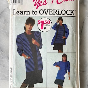 May include: A vintage sewing pattern titled "Yes I Can! Learn to OVERLOCK." The pattern features illustrations of a woman wearing a blue and black striped jacket, a blue top, and a black skirt. The price is £1.19.