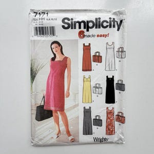 May include: A Simplicity 7171 sewing pattern envelope for a sleeveless dress and tote bag. The front shows a model wearing a red knee-length dress with a square neckline and a black tote bag. Illustrations of various dress and bag styles are included.