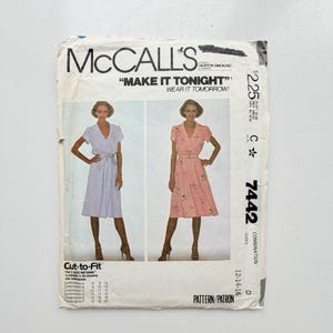 1981 McCall's 7442 Sewing Pattern – Pullover Dress V Neck Puff Sleeves – Sizes 12-14-16 – Cut and Complete