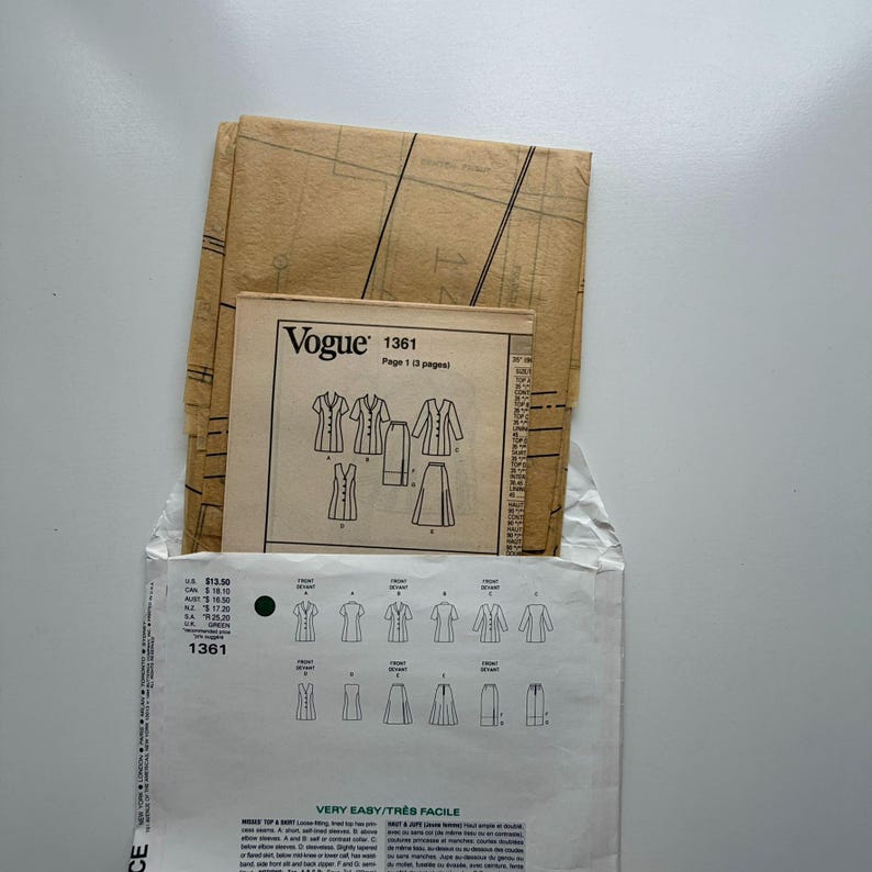 1994 Vogue 1361 Sewing Pattern – Top & Skirt (sizes 8–12) – Uncut and ...