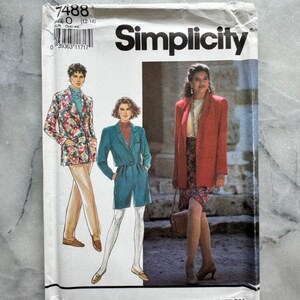 May include: A vintage Simplicity sewing pattern packet with illustrations of women's blazers and shorts. The packet is labelled 7488 and features the Simplicity logo. The illustrations show different blazer styles, including a floral print and a red blazer.