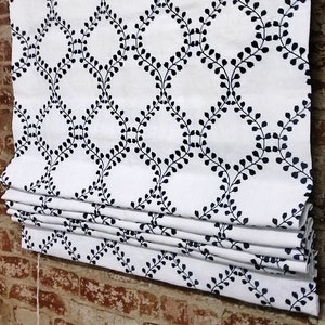 Flat Roman Shade Window Treatment | Blue and White Geometric Fabric | Designer Quality