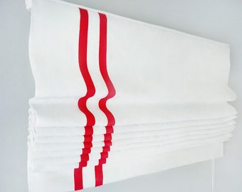 Flat Roman Shade Window Treatment | Red Grosgrain Trim and White Linen | Designer Quality