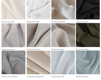 May include: A collection of 12 fabric swatches in various colors and textures, including oyster, white, natural, onyx, prism, pumice, bone, moss, cadet grey, oatmeal slub, ocean, and lake. The swatches are labeled "Tuscany Linen" followed by the color name. The text "tuscany linens 100% linen medium weight 57"w" is printed below the swatches.