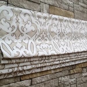 Custom Flat Roman Shade Window Treatment | Waverly Scroll Fabric | Designer Quality
