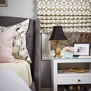 Flat Roman Shade Window Treatment | Grey Geometric Fabric | Designer Abby M Interiors