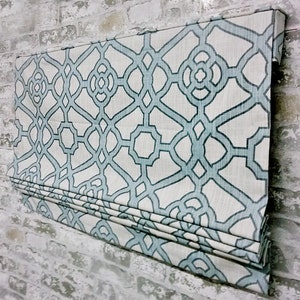 Flat Roman Shade Window Treatment | P Kaufmann Fabric Pavilion Fretwork Tropical  Blue | Designer Quality