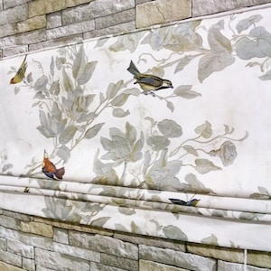 Custom Flat Roman Shade Window Treatment | Windsong Bird Fabric | Designer Quality