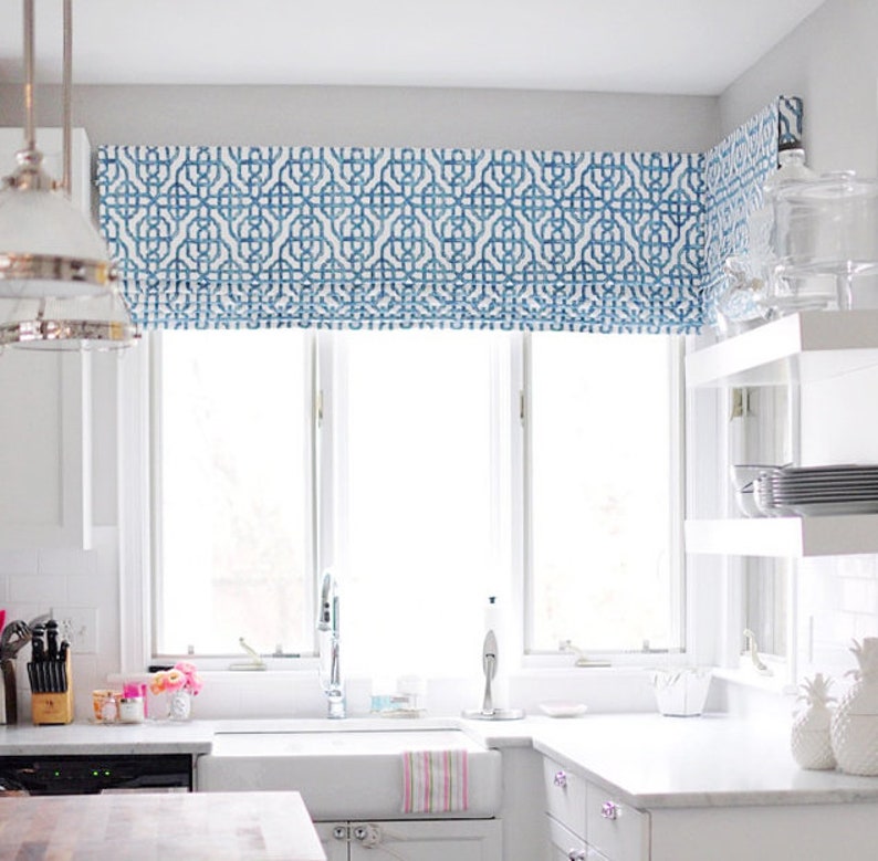 Faux Flat Roman Shade Valance Blue White Veronica Etsy