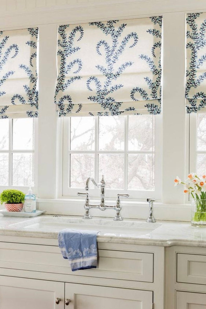 Faux Flat Roman Shade Valance Blue White Veronica Etsy