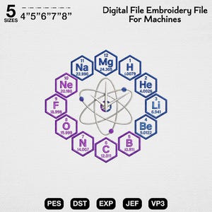 May include: Digital embroidery file featuring a science-themed design. The design includes a central atom model surrounded by hexagonal elements with chemical symbols and atomic weights. Available in 5 sizes: 4", 5", 6", 7", and 8".