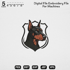 Dobermann borduurwerk ontwerp, waakhond schild machine borduurwerk bestand, dobermann pinscher mascotte patroon, tactische hond kunst, hond vader cadeau patroon