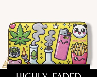 Söt Weed-plånbok | Mycket blekt tecknad plånbok med dragkedja | Gul