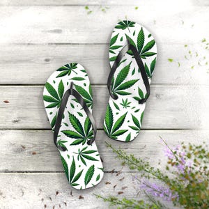 High Tide Flip Flops | Cannabis Leaf Sandals | Weed Print Beach Sandals | 420 Summer Footwear | Marijuana Flip Flops | Poolside Slides image 4